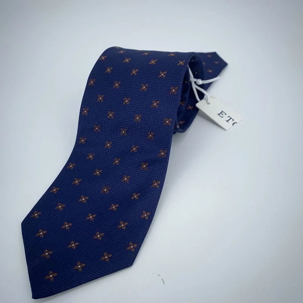 Eton Tie Mens‎ One Size Navy Brown Floral Silk Classic Necktie England Made
